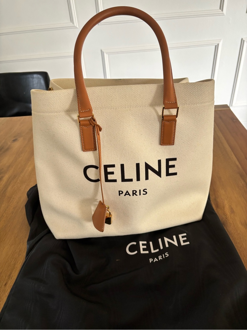 Authentic Celine Beige Canvas Tote with Tan Leather Handles